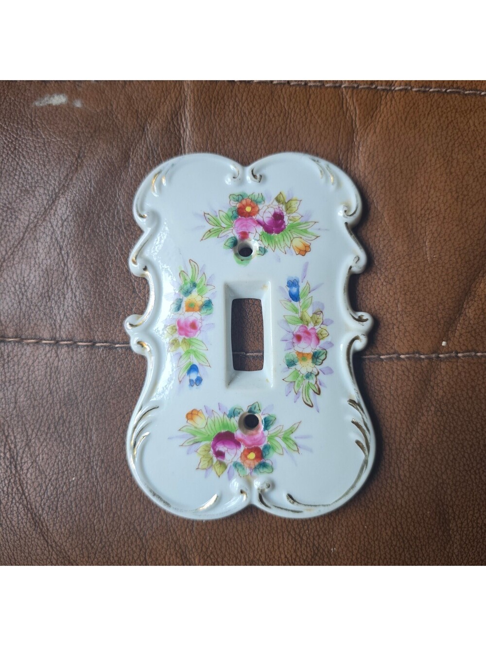 Vintage 1950s Arnart Japan Porcelain Floral Light Switch Cover Gold Scrollwork
